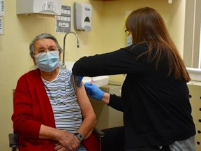 The first Elder on Moose Factory to receive the COVID-19 Moderna vaccine was Gertrude Johnstone, a retired healthcare provider.

Supplied photo