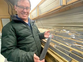 Mark Selby, chair and CEO of Canada Nickel Company, holds a core sample from a drilling program at its Crawford Project, 40 kilometres north of Timmins.