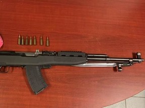 A loaded SKS semi-automatic assault rifle with an overcapacity magazine, attached bayonet and ammunition was seized by Chatham-Kent police from a Gray Street residence in Chatham, Ont., on Monday, Jan. 25, 2021. (Chatham-Kent Police Service Photo)