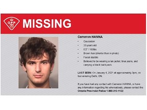 33-year-old Cameron Robert Hanna of Norwich Township left his residence on Monday, Jan. 4, and was last seen walking eastbound on Hwy 3 between the Delhi Kinsmen Pool and the Tobacco Museum at approximately 3 p.m. Family members became concerned and contacted police after the missing male failed to return home. (Submitted)