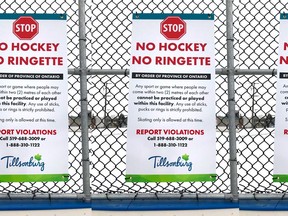 Due to provincial lockdown restrictions, there is 'no hockey, no ringette' allowed at the J.L. Scott McLean Outdoor Recreation Pad. Four new signs were put up at the outdoor ice rink Tuesday morning, with the numbers to call if someone violates the rules. (Submitted)