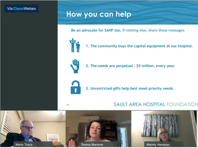 Sault Area Hospital Foundation executive director Teresa Martone (centre) addresses the hospital’s board in this screen shot. Board member Mario Turco and SAH president and CEO Wendy Hansson listen in. YouTube