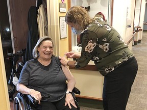 Brucelea Haven Residents' Council president Pat Clark was one of 128 residents to receive the Moderna vaccine on Jan. 27. Pictured, Brucelea Haven director of nursing Cathy Summers administers the shot to Clark.