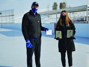 Leduc resident Chloe Goofers was recognized with two AFHL awards. Pictured (l-r) Jason Reynolds and Chloe Goofers. (Lisa Berg)