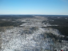 An aerial view of the esker that runs between the Ring of Fire and an area near Nakina, north of Geraldton, where a subsidiary of KWG Resources plans to construct a rail line to transport ore.