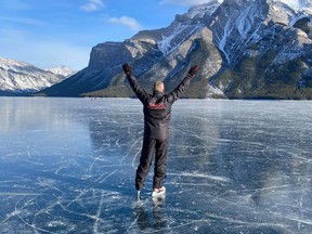 St. Charles College alumnus Nathan Higgins, who lives in Alberta and works for the Mount Royal University mens’ hockey program, went for a skate recently on the blue glacier ice of Lake Louise with his wife. Higgins graduated from St. Charles in the 1980s and still wears his school coat. A former goalie for the SCC boys hockey team, he donates to the Cards hockey program every year and attends a couple games to talk to the players. Due to travel restrictions, this year he sent them some pictures instead. Photo supplied