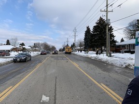 Woodstock police, firefighters and paramedics responded to a crash between a school bus and an SUV Tuesday afternoon on Devonshire Avenue. (Woodstock Fire Department)