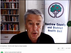 Although Renfrew County and district has moved into the green zone Dr. Robert Cushman, acting medical officer of health for the Renfrew County and District Health Unit, is asking residents to limit social interactions with people outside of their households and avoid travel outside of the region.