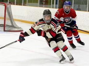 Blind River Beavers forward Devin Mauro (25) competes against the Rayside-Balfour Canadians during NOJHL action at Chelmsford Arena in Chelmsford, Ontario on Sunday, December 20, 2020.