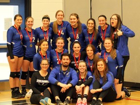 PETER RUICCI/Sault Star

Head coach Becky Grisdale (front row, far left) and her Superior Heights Steelhawks celebrate the 2020 Senior Girls High School Volleyball League championship on Feb. 12, 2020.