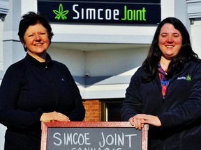 Ellie Plata, left, owner of a cannabis shop in Ancaster, has opened a second outlet on the Queensway West in Simcoe. Simcoe Joint Cannabis Shop is the first retail outlet of its kind in Norfolk County since the Trudeau government legalized cannabis for recreational purposes three years ago. At right is daughter Jessica Plata, chief procurement officer for the shops in Simcoe and Ancaster. – Monte Sonnenberg