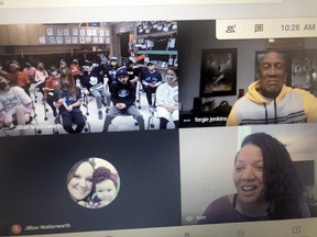 Baseball Hall of Fame pitcher Fergie Jenkins, top right, and his daughter Kim, bottom right, make a virtual visit to a Grade 3-4 class at Georges P. Vanier Catholic School in Chatham, Ont., on Friday, Feb. 12, 2021. Contributed Photo