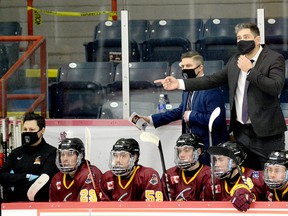The Timmins Rock have announced head coach Corey Beer, shown here disputing a call during an NOJHL game against the Rayside-Balfour Canadians at the McIntyre Arena on Nov. 22, has resigned to take a position with the Okanagan Hockey Group, based out of Whitby. FILE PHOTO/THE DAILY PRESS