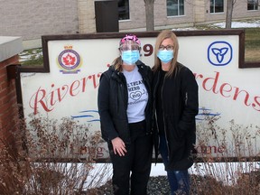Riverview Gardens nurses Cricket Harding, left, and Sharon Hind, led the cause to help raise money to assist staff at Fairfield Park long-term care home in Wallaceburg to purchase personal protective equipment and gift cards. Ellwood Shreve/Postmedia Network