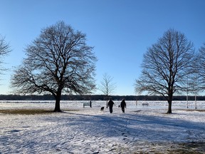 A couple walks their dog at Brander Park at Port Lambton, overlooking the ice-covered St. Clair River, on Wednesday, Feb. 3, 2021. Peter Epp/Postmedia Network