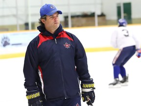 Vagelli Sakellaris, head coach of the Rayside-Balfour Canadians, looks on during a skills and development camp in Lively, Ont. on Wednesday September 16, 2020.
