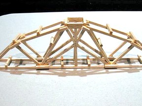 The North Bay chapter of the Professional Engineers of Ontario (PEO) will host its annual student Bridge Building Competition in March. Students will be challenged to build a balsa wood bridge similar to the one seen here, which will be tested for strength.
Supplied Photo