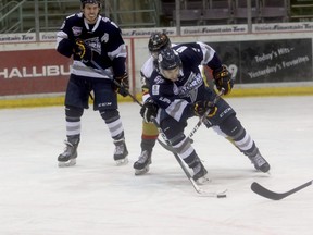 Grande Prairie Storm defender Juliano Santalucia (#5)  in Alberta Junior Hockey Leage action against the Bonnyville Pontiacs at Revolution Place back in November. The AJHL will re-start the season on March 5, after the league got the go ahead from the Alberta government last week.