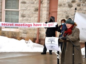 Musician and activist Loreena McKennitt, the founder of Wise Communities, a grassroots group opposed to the development of a $400 million glass manufacturing plant in southwest Stratford, spoke Monday during a rally downtown. Galen Simmons/Stratford Beacon Herald