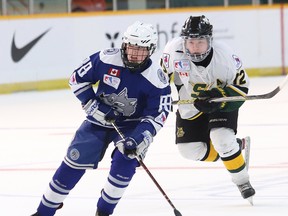 Taylor Scott, of the Sudbury Lady Wolves, breaks to the net during semifinal action against the Stoney Creek Sabres at  the Esso Cup at the Gerry McCrory Countryside Sports Complex in Sudbury, Ont. on Friday April 26, 2019.