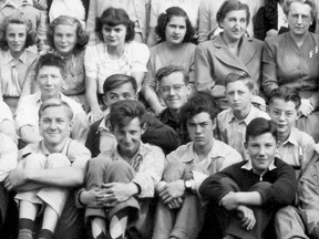 Cropped from the SDCI school photo, 1947: George Danic (left end of front row); Norm Giffen (second from the right in middle row). Photo: Museum Strathroy-Caradoc