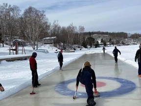 On Feb. 18, some Espanola Curling Club members had a great day, curling on Agnew Lake thanks to Agnew Lake Lodge owners Jan and Ellie Meijer and their son Tim. The Meijers have spent weeks grooming a regulation curling sheet on their lakefront for family and friends. When it looked like the curling season was cancelled, they decided to create their own rink.