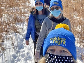 Team Brunchin' Bs members Paula Grantham, Maureen McEachern and Sylvia Winistok leading the way for their team during the Coldest Night of the Year fundraiser held by The Portage Community Shelter. (supplied photo)