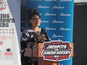 Alberta Minister of Multiculturalism Leela Shannon Aheer announcing the Jackpots for Junior Hockey Initiative on Monday Feb. 22 at the Grant Fuhr Arena in Spruce Grove. Josh Thomas/Postmedia Network