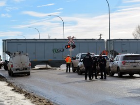 RCMP and CN personnel were on scene of a crash between a train and semi-tractor trailer at the intersection of Highway 16 A and Golden Spike Road Friday afternoon.