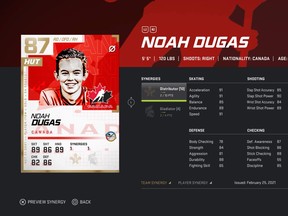 A screenshot, taken by Jason Sullivan, of the player profile for Noah Dugas in the EA Sports game NHL 21. Supplied Photo