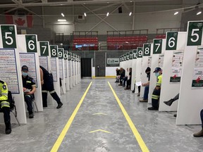 On Wednesday, February 24, and Thursday, February 25, 70 Bruce County Paramedics
received their first doses of the Pfizer-BioNtech COVID-19 Vaccine at the “Hockey Hub” Vaccination Centre in
Hanover, Ontario. SUBMITTED