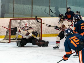 Photo courtesy NOJHL

Soo Thunderbirds defenceman Connor Toms fires a shot at Blind River netminder Gavin Disano, a Sault native, in recent NOJHL action. The teams are slated to meet again on Tuesday at John Rhodes Community Centre.
