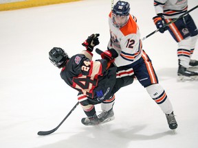 Photo courtesy NOJHL

Soo Thunderbirds defenceman Jacob Doucette (right) knocks Blind River's Justin Mauro, a Sault native, off the puck in 2020-2021 NOJHL action