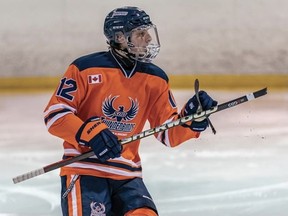 Photo courtesy NOJHL

Soo Thunderbirds defenceman Jacob Doucette grabs the blade of his broken stick and heads to the bench for a replacement during NOJHL action in Espanola.