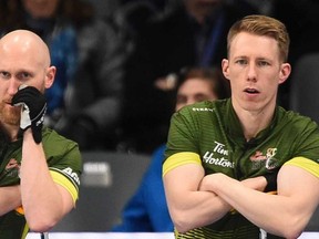 Photo courtesy Curling Canada
Northern Ontario skip Brad Jacobs (left) and third Marc Kennedy ponder strategy at the 2020 Tim Hortons Brier in Kingston, Ont.