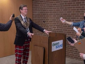 Owen Sound Mayor Ian Boddy was featured in the Working from Home Capital of Canada marketing campaign, wearing business attire on top and pyjama pants on the bottom. SUPPLIED