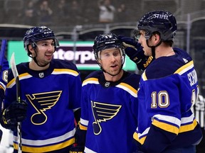 St. Louis Blues' Brayden Schenn (10) celebrates with Jordan Kyrou (25) and Jaden Schwartz (17) after scoring during the second period against the San Jose Sharks at Enterprise Center in St. Louis, Mo., on Jan. 18, 2021. (Jeff Curry-USA TODAY)