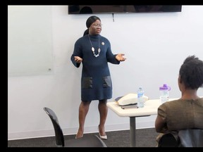 Ejibola Adetokunbo-Taiwo speaking at an event in Calgary in 2019. Adetokunbo-Taiwo is organizing an online event this Saturday to celebrate Black History Month and to celebrate the success of Black women.
PHOTO SUBMITTED