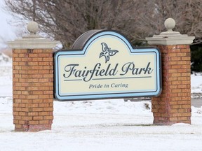 A sign outside Fairfield Park long-term care home in Wallaceburg, Ont., is pictured Monday, Feb. 1, 2021. Mark Malone/Chatham Daily News/Postmedia Network