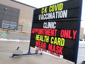 This sign greets visitors to the Chatham-Kent COVID-19 vaccination clinic at the John D. Bradley Convention Centre in Chatham, Ont. Photo taken Monday, Feb. 22, 2021. Mark Malone/Chatham Daily News/Postmedia Network