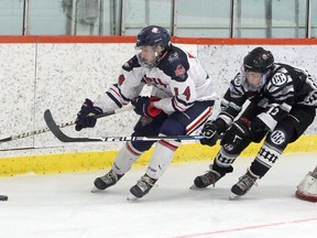 First-period NOJHL action between the Espanola Express and French River Rapids at Noelville Community Centre on Tuesday, February 23, 2021.