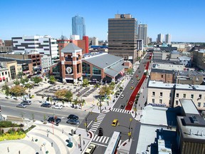 This artist rendering shows a bird's eye view of King Street in downtown London, looking east, and the proposed bus rapid transit (BRT) lane.