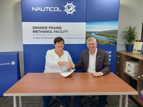 Three members of Nauticol Energy attended the Infrastructure and Economic Development Committee online and provided an update on the project. County of Grande Prairie Reeve Leanne Beaupre and Mark Tonner, a director with Nauticol, in a  2017 file photo.