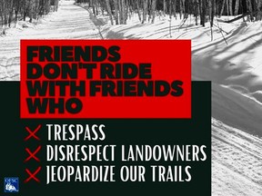 Ontario Federation of Snowmobile Clubs no-trespassing poster found on the Chesley & District Easy Riders club Facebook site.