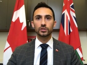 Ontario Education Minister, Stephen Lecce appears on a zoom call on October 21, 2020.