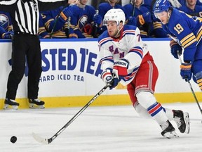 New York Rangers defenceman Tony DeAngelo in action against the Sabres at the KeyBank Center in Buffalo, N.Y., on Thursday, Jan. 28, 2021. PHOTO BY MARK KONEZNY /USA TODAY Sports