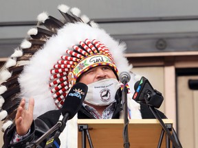 Jerry Daniels, Grand Chief of the Southern Chiefs' Organization, speaks from the steps of the Manitoba Legislative Building in Winnipeg as part of an event to show solidarity with Mi'kmaq fishers in Nova Scotia on Wednesday, Oct. 21, 2020.