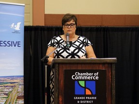 Reeve Leanne Beaupre gives the County of Grande Prairie's annual State of the County Address at the ENTREC Centre on June 29, 2017 in the County of Grande Prairie, Alta. The installation of smart lockers in Clairmont will provide easier access for county residents.