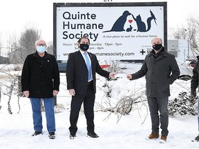 Pictured from the left, Marilyn Lawrie, Quinte Humane Society Executive Director, Belleville Councillor Bill Sandison, Hank Koudsi, Chair, QHS Building Committee, Mayor Mitch Panciuk and Al Bunnett, Vice-Chair, QHS Building Committee were on hand for a $50,000 cheque presentation, part of the city's $400,000 commitment to a new QHS Animal Care and Adoption Centre. SUBMITTED PHOTO