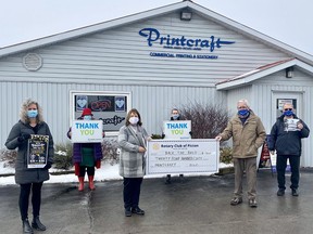 Pictured in front of Printcraft from left: Heather VanVlack, owner of Printcraft; Briar Boyce, senior development officer with the PECMH Foundation; Nancy Parks, Back the Build campaign co-chair; Shannon Coull, executive director of the PECMH Foundation; John Clarke, president of the Rotary Club of Picton and Rick Jones, Picton Rotarian. KAREN WHITFIELD PHOTO